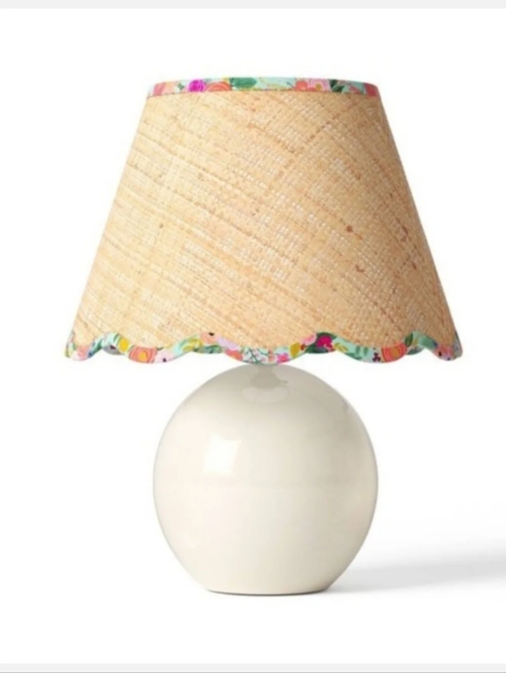 Rifle Paper Co. Ceramic Table Lamp with Natural Straw Shade and Floral Trim